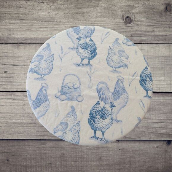 Kitchenaid Bowl Cover Reversible Yellow and Blue Floral with Chickens - Picture 3 of 9